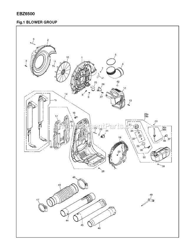 Housing Diagram and Parts List for EBZ6500 (10900101 AND UP)(2012-08) RedMax Leaf Blower / Vacuum
