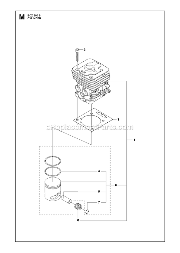 Cylinder Diagram and Parts List for BCZ350S  RedMax Brush Cutter