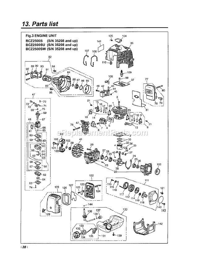 Engine Diagram and Parts List for BCZ2500S 35208 AND UP RedMax Edger