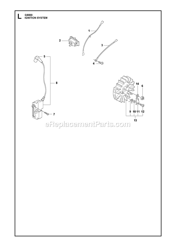 Ignition System Diagram and Parts List for G9000  RedMax Chainsaw