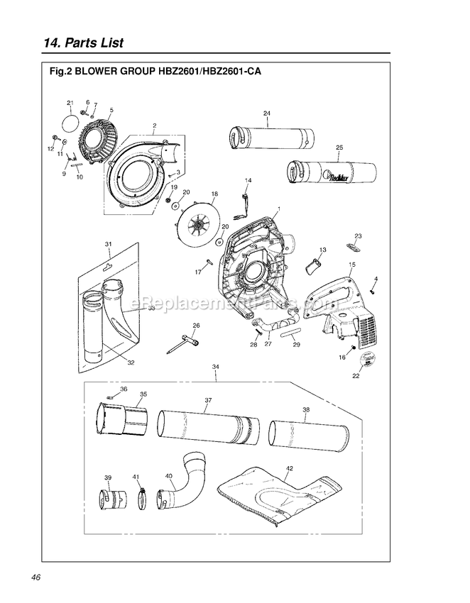 Product Complete Diagram and Parts List for HBZ2601-CA 60100101 AND UP RedMax Leaf Blower / Vacuum