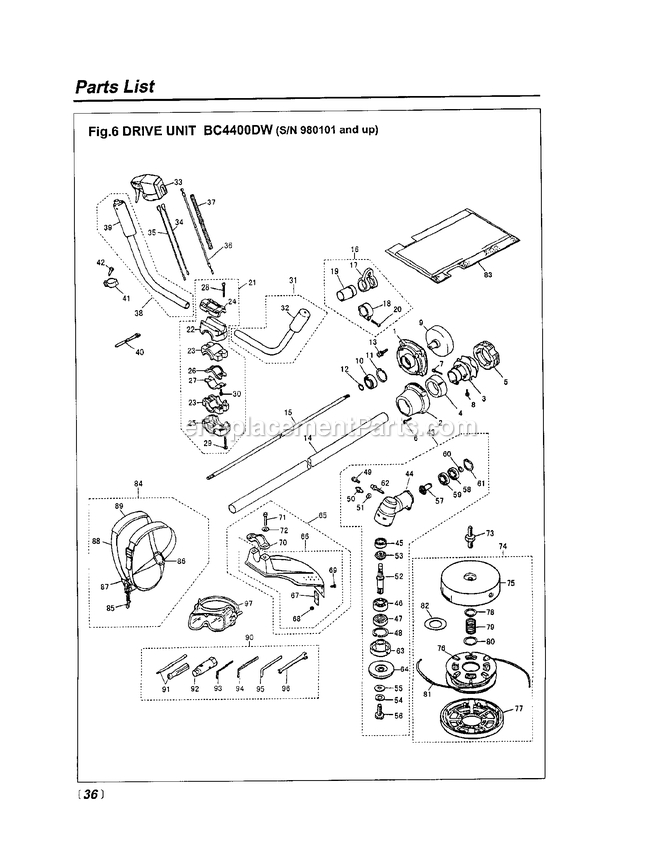 Drive Diagram and Parts List for BC4400DW 980101 AND UP RedMax Brush Cutter