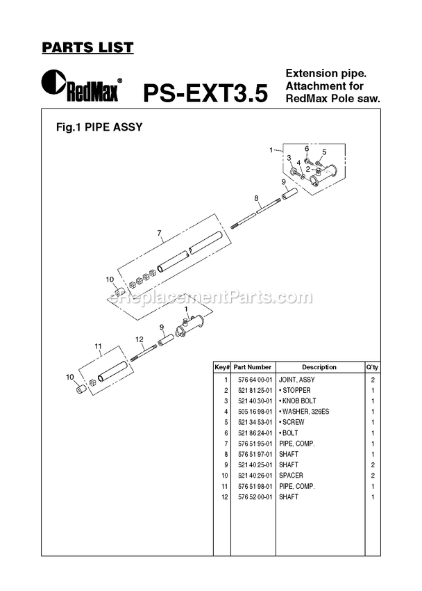 Pipe Assy Diagram and Parts List for PS-EXT35 2010-06 RedMax Pole Saw
