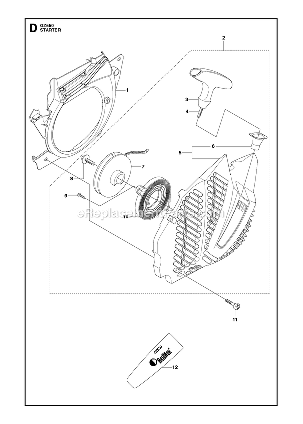 Starter Diagram and Parts List for GZ550  RedMax Chainsaw