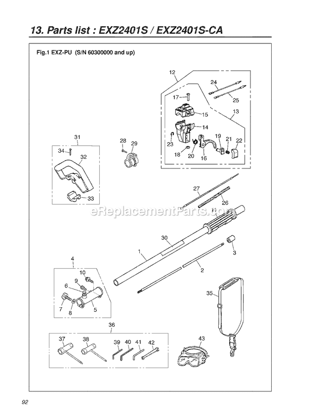 Handle And Controls Diagram and Parts List for EXZ2401SRMSCA 60100000 AND UP RedMax Edger