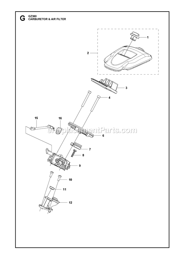 Carburetor And Air Filter Diagram and Parts List for GZ360  RedMax Chainsaw