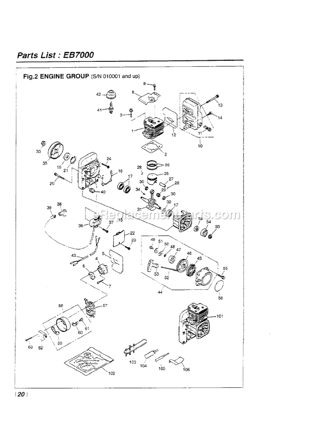 Engine Diagram and Parts List for EB7000 010001 - 100100 RedMax Leaf Blower / Vacuum