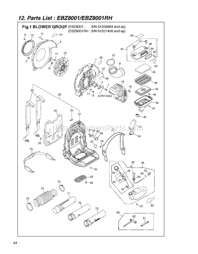 Frame Diagram and Parts List for EBZ8001 61206884 - 81000000 RedMax Leaf Blower / Vacuum