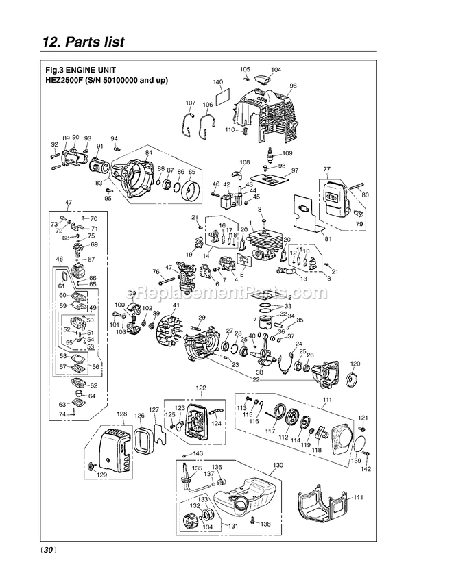 Engine Diagram and Parts List for HEZ2500F 50100000 AND UP RedMax Edger