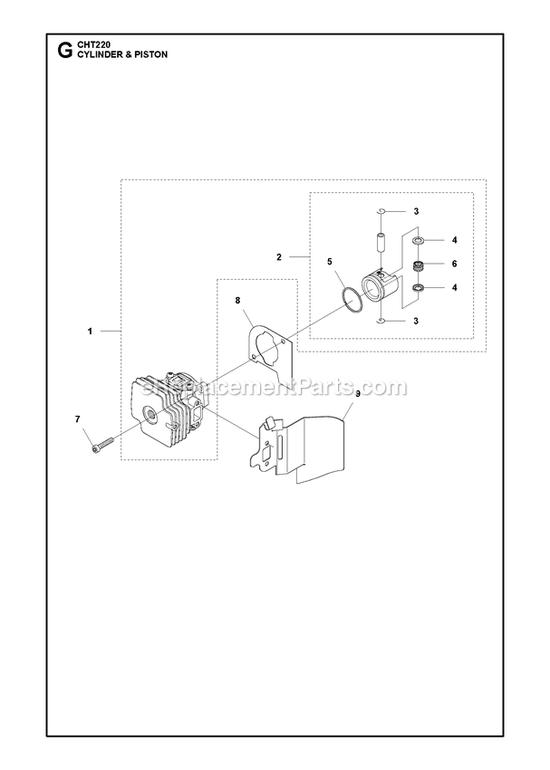 Cylinder Piston Diagram and Parts List for CHT220 966712801 RedMax Hedge Trimmer