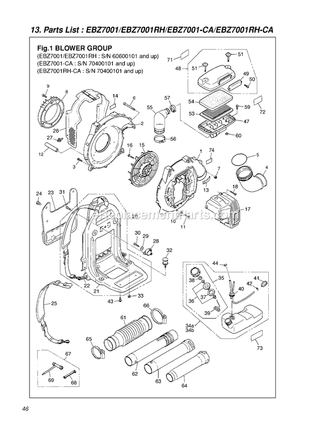 Frame Diagram and Parts List for EBZ7001CA 70400101 AND UP RedMax Leaf Blower / Vacuum