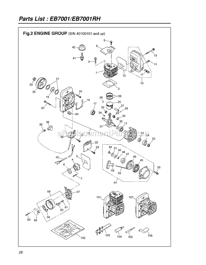 Engine Diagram and Parts List for EB7001 40100101 AND UP RedMax Leaf Blower / Vacuum
