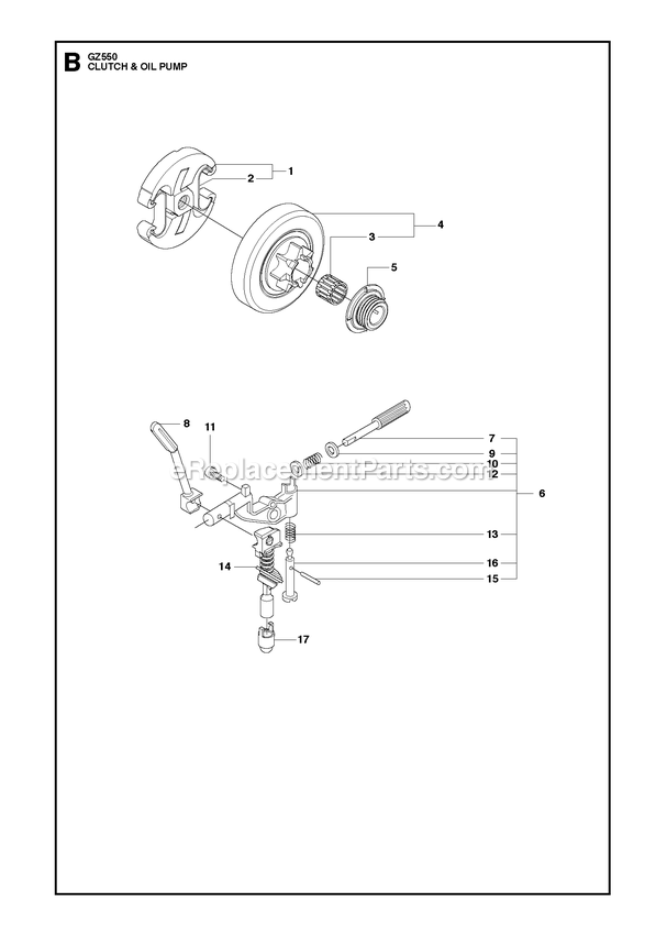 Clutch And Oil Pump Diagram and Parts List for GZ550  RedMax Chainsaw