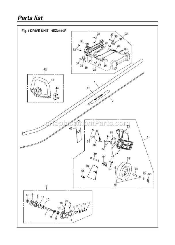 Drive Diagram and Parts List for HEZ2460F 00700101 AND UP RedMax Edger