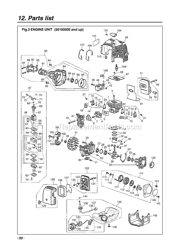 Engine Diagram and Parts List for EXZ2500S 50100000 AND UP RedMax Edger
