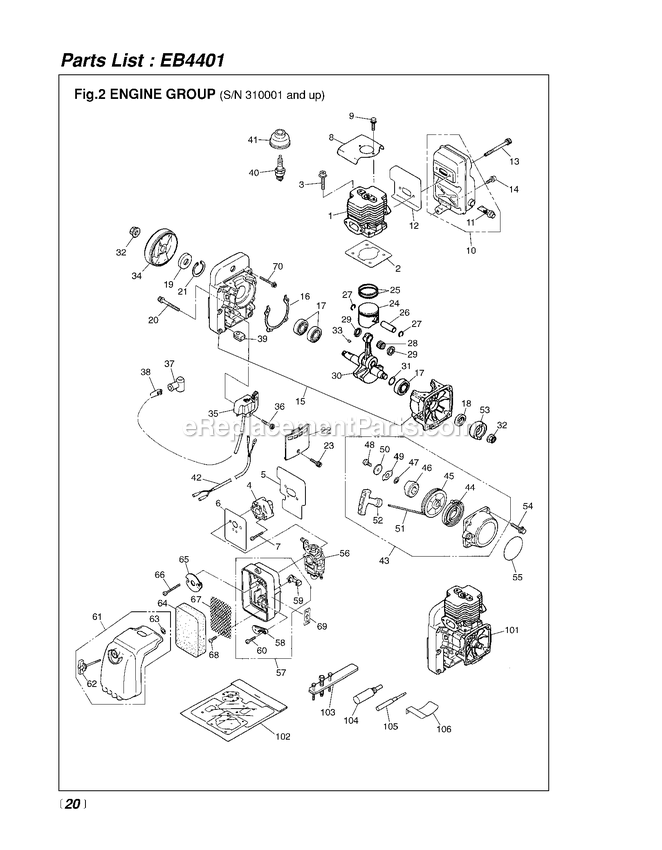 Engine Diagram and Parts List for EB4401 310001 AND UP RedMax Leaf Blower / Vacuum