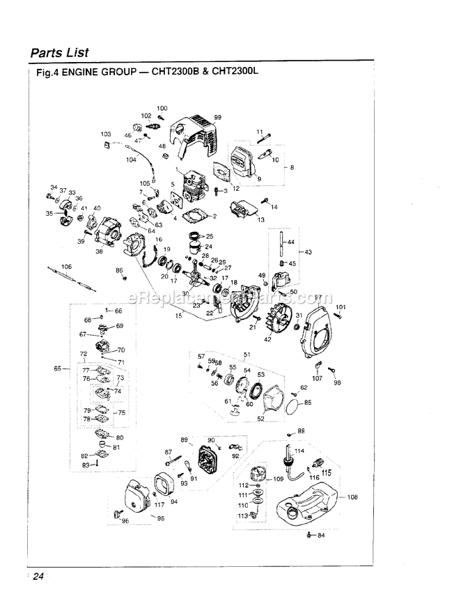 Engine Diagram and Parts List for CHT2300L 972833 AND UP RedMax Hedge Trimmer