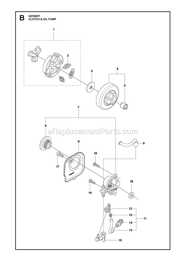 Clutch And Oil Pump Diagram and Parts List for GZ3500T  RedMax Chainsaw