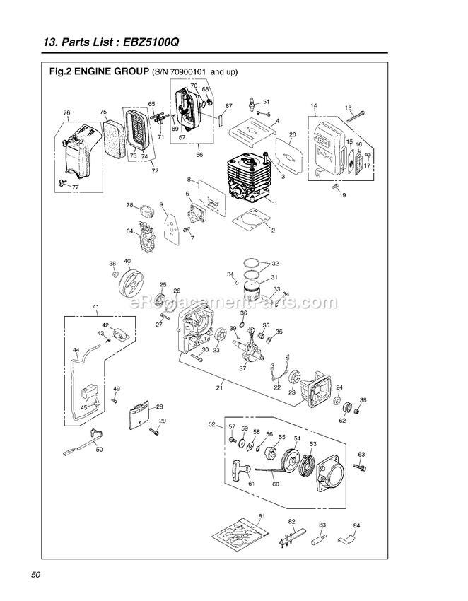 Engine Diagram and Parts List for EBZ5100Q 70900101 AND UP RedMax Leaf Blower / Vacuum