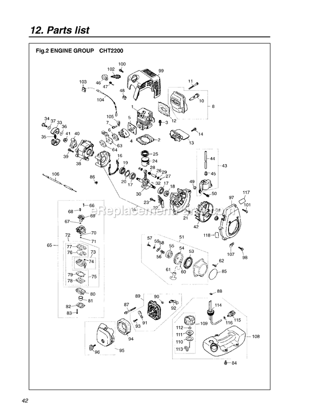 Engine Diagram and Parts List for CHT2200 50100000 AND UP RedMax Hedge Trimmer