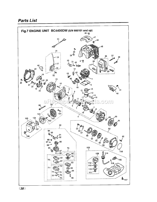 Engine Diagram and Parts List for BC4400DW 980101 AND UP RedMax Brush Cutter
