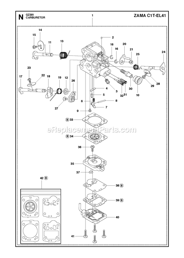 Carburetor Diagram and Parts List for GZ381  RedMax Chainsaw