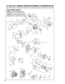 Engine Diagram and Parts List for EBZ8001CA 70400101 - 81000000 RedMax Leaf Blower / Vacuum