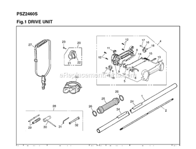 Drive Diagram and Parts List for PSZ2460S 100101 AND UP RedMax Pole Saw