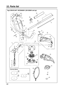 Drive Diagram and Parts List for BCZ3000SW 300001 AND UP RedMax Brush Cutter