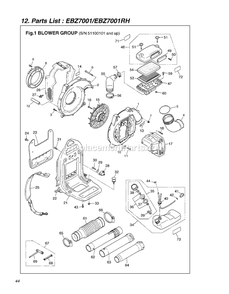 Frame Diagram and Parts List for EBZ7001RH 51100101 - 60600100 RedMax Leaf Blower / Vacuum