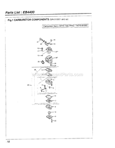 Carburetor Diagram and Parts List for EB4400 010001 AND UP RedMax Leaf Blower / Vacuum