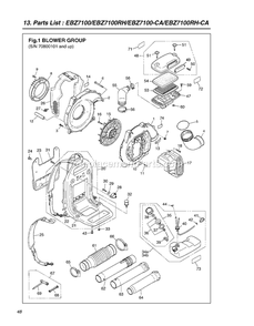 Frame Diagram and Parts List for EBZ7100CA 70800101 AND UP RedMax Leaf Blower / Vacuum