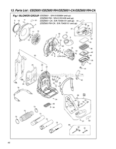 Frame Diagram and Parts List for EBZ8001CA 70400101 - 81000000 RedMax Leaf Blower / Vacuum