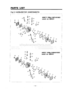 Carburetor Diagram and Parts List for EB431 410001 - 639461 RedMax Leaf Blower / Vacuum