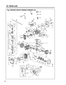 Engine Diagram and Parts List for HBZ2601-CA 60100101 AND UP RedMax Leaf Blower / Vacuum