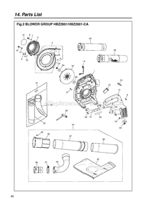 Product Complete Diagram and Parts List for HBZ2601-CA 60100101 AND UP RedMax Leaf Blower / Vacuum