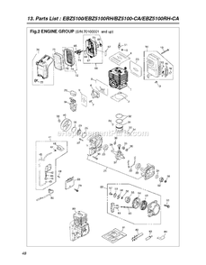 Engine Diagram and Parts List for EBZ5100CA 70100001 - 70700000 RedMax Leaf Blower / Vacuum