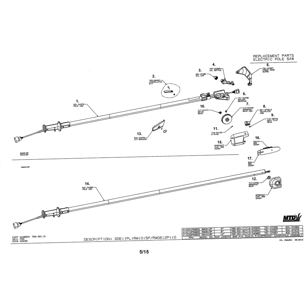 Electric Pole Saw Diagram and Parts List for RM1015P  Remington Hedge Trimmer