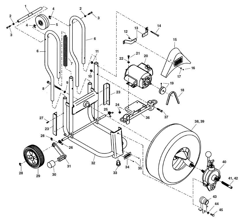 Frame And Drum Assembly Diagram and Parts List for K-750 WITH C-24 47047 Ridgid Drain Cleaner