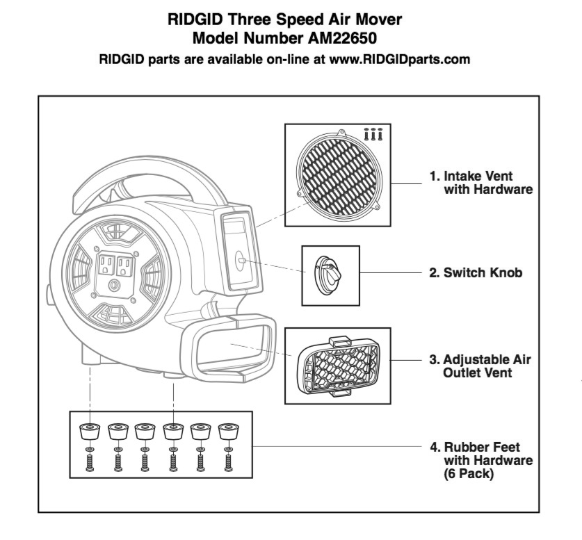 Am22650 Air Mover Assembly Diagram and Parts List for AM2265  Ridgid Industrial Fan / Circulator