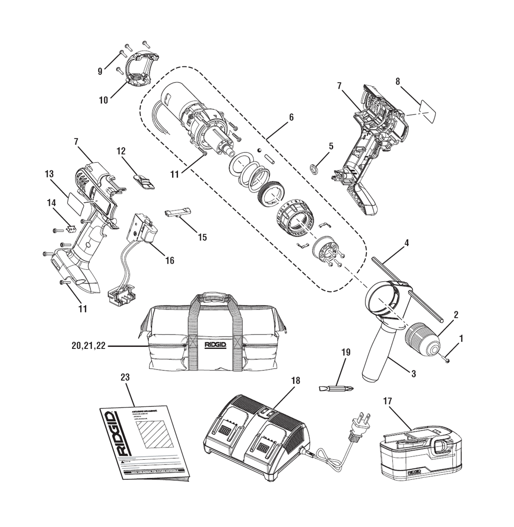 Fig-0 Diagram and Parts List for R841150-B  Ridgid Cordless Drill
