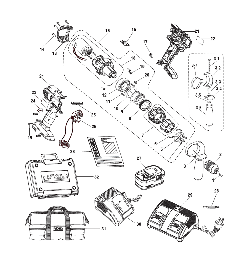 Fig-0 Diagram and Parts List for R84015-A  Ridgid Cordless Drill