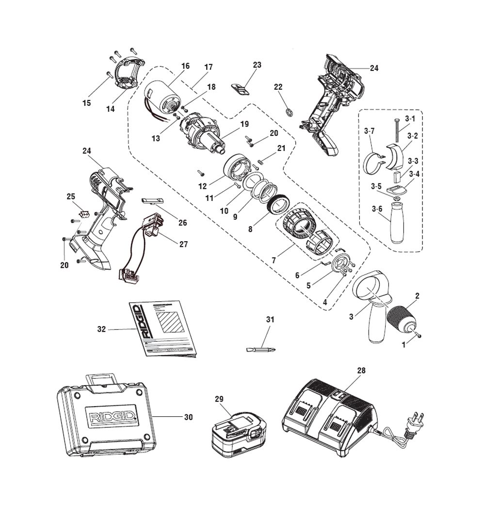 Fig-0 Diagram and Parts List for R83015-B  Ridgid Cordless Drill