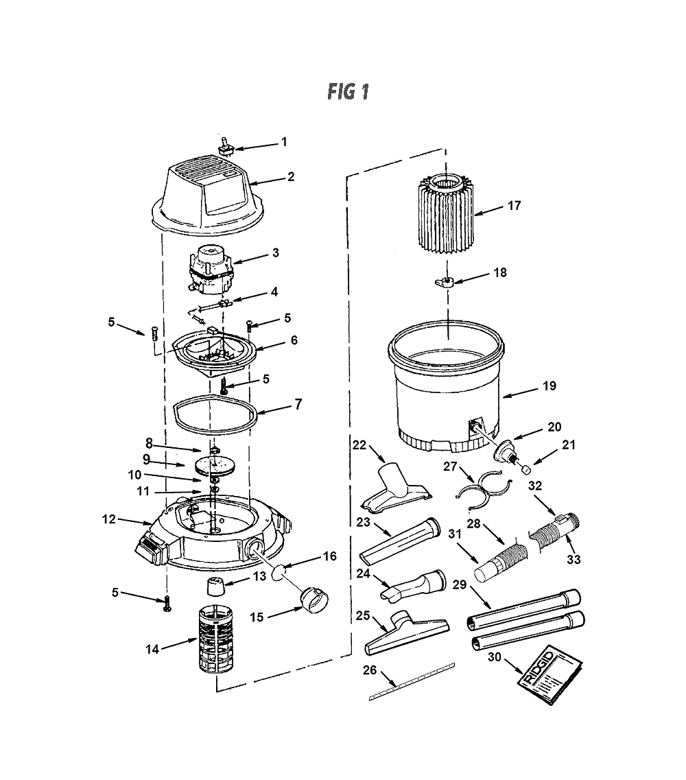 Fig-0 Diagram and Parts List for WD17300  Ridgid Utility Vacuum