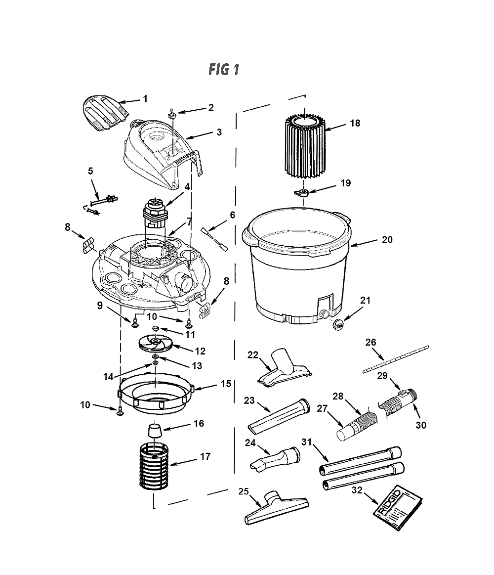 Fig-0 Diagram and Parts List for WD17350  Ridgid Utility Vacuum