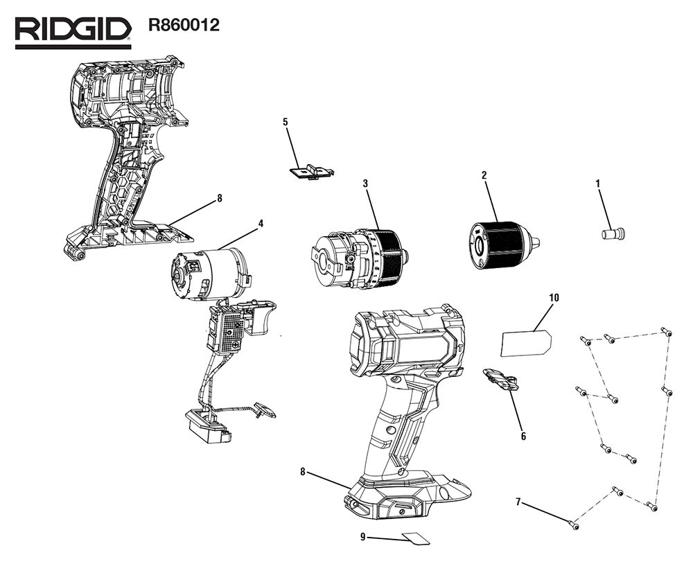 Fig-0 Diagram and Parts List for R860012  Ridgid Cordless Drill