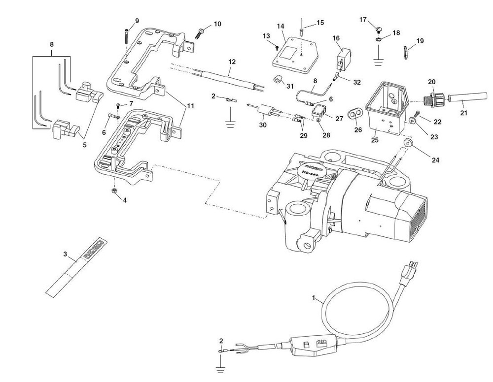 120v/220 Components Switch In Handle Diagram and Parts List for HC-450-J 57602 Ridgid Pipe Tools