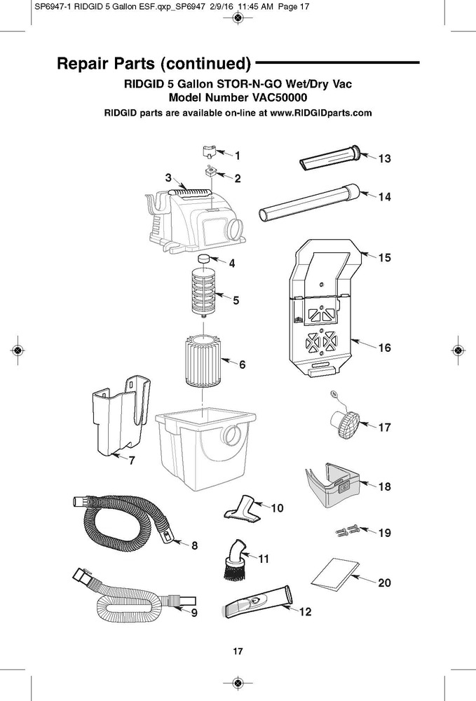 Vac5000 Vac Assembly Diagram and Parts List for AM2265  Ridgid Industrial Fan / Circulator