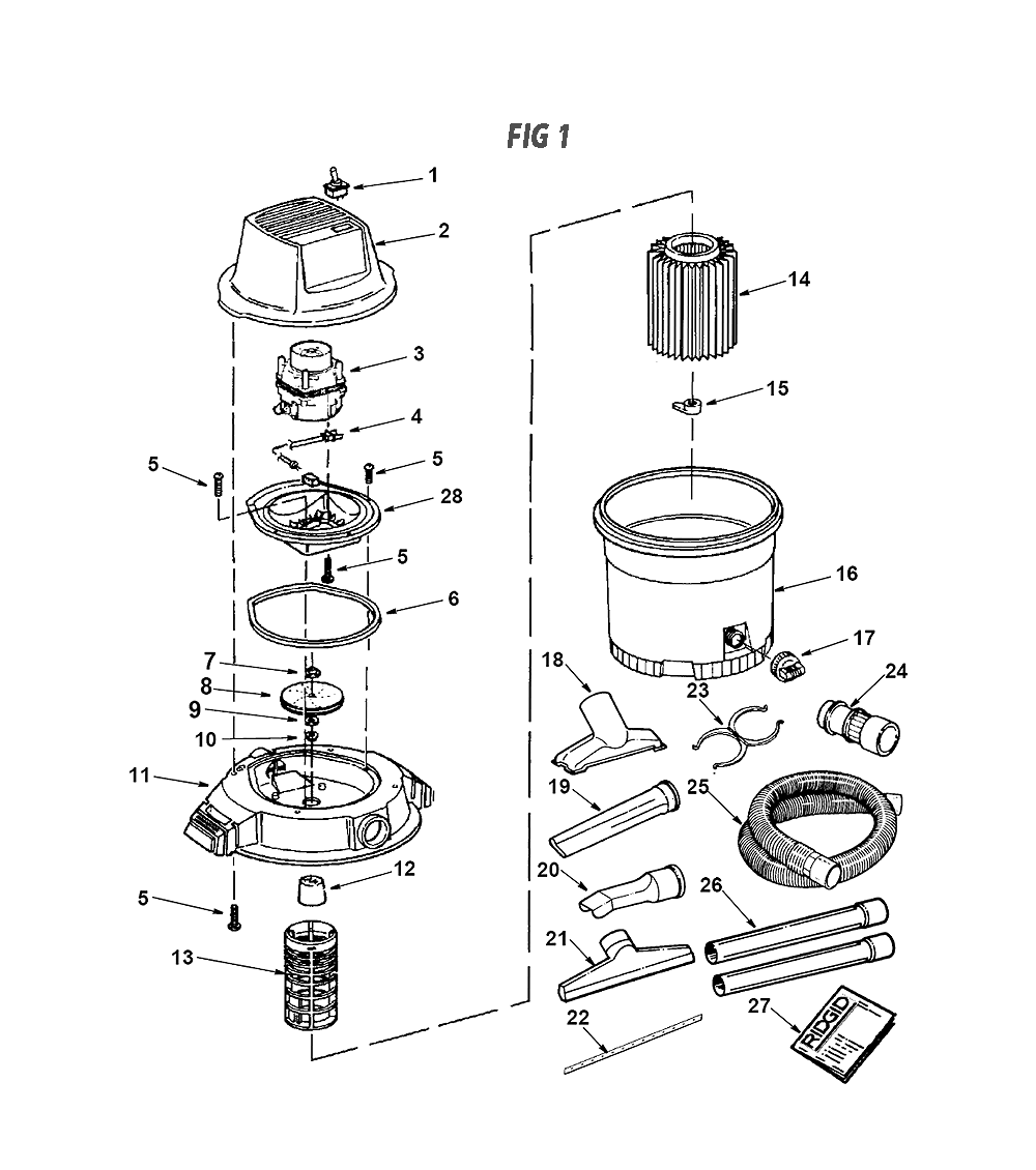 Fig-0 Diagram and Parts List for WD17000  Ridgid Utility Vacuum