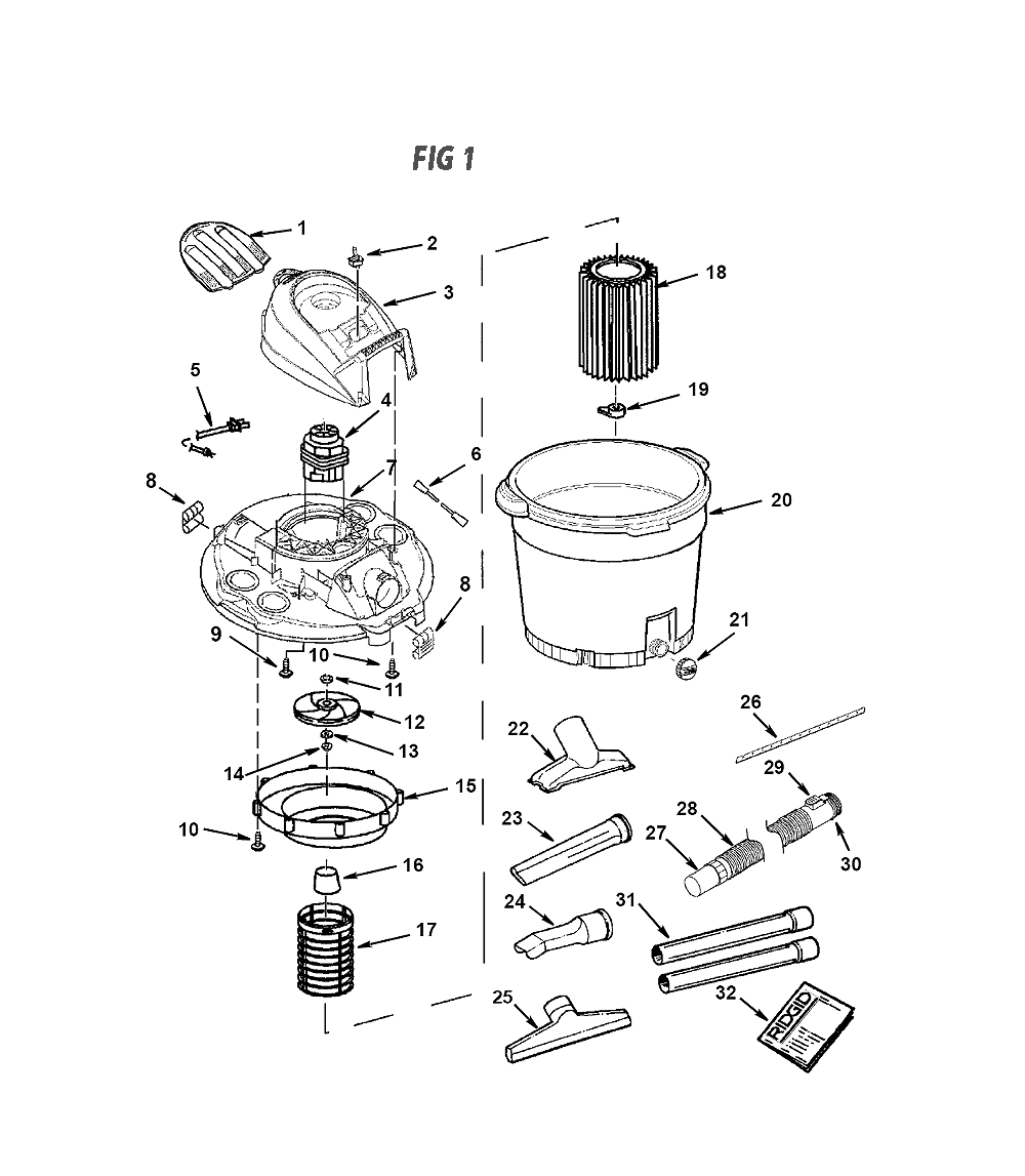 Fig-0 Diagram and Parts List for WD17351  Ridgid Utility Vacuum
